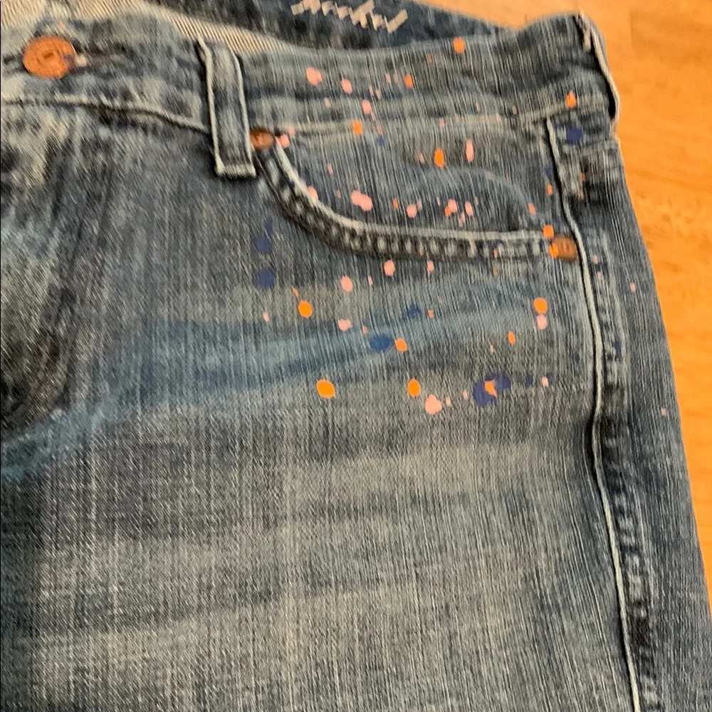 7 For All Mankind Blue Straight Leg Jeans with Paint Splatter